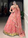 Fantastic Peach Foil Work Chiffon Bridesmaid Lehenga Choli With Dupatta