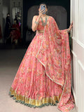 Fantastic Peach Foil Work Chiffon Bridesmaid Lehenga Choli With Dupatta