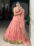 Fantastic Peach Foil Work Chiffon Bridesmaid Lehenga Choli With Dupatta