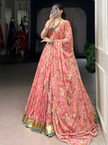 Fantastic Peach Foil Work Chiffon Bridesmaid Lehenga Choli With Dupatta