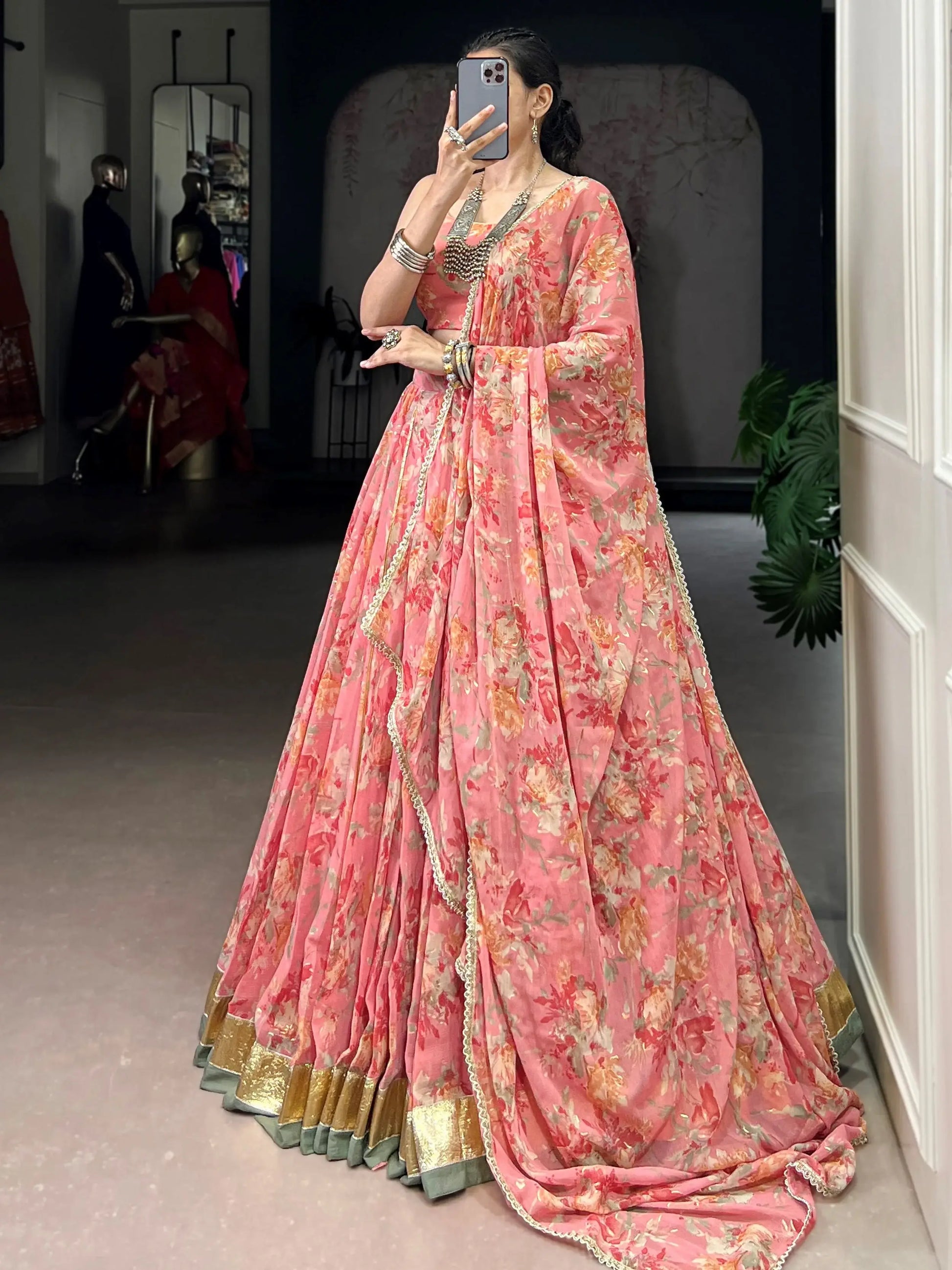 Fantastic Peach Foil Work Chiffon Bridesmaid Lehenga Choli With Dupatta