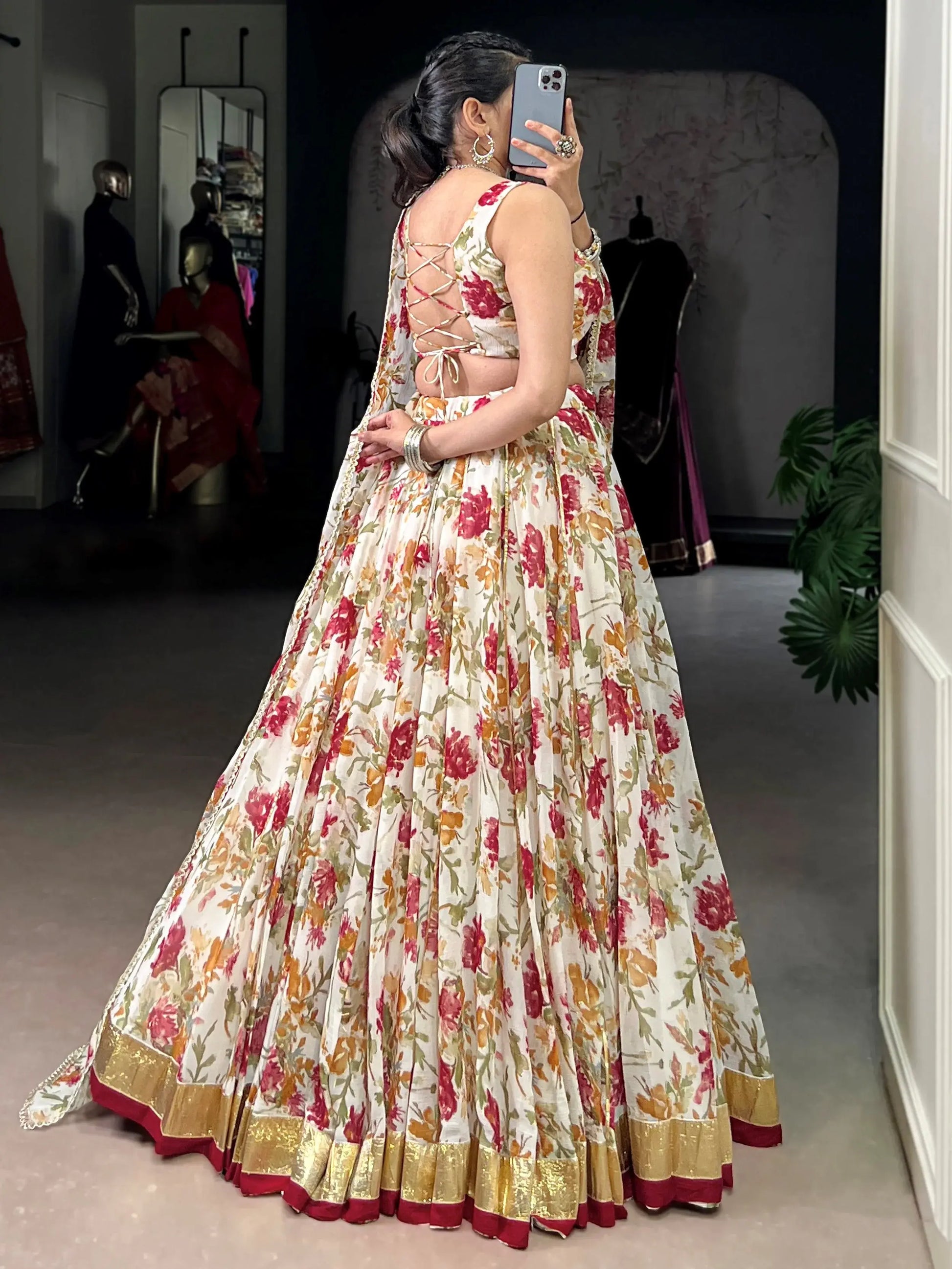 Beautiful White Floral Print Chiffon Festive Wear Lehenga With Blouse