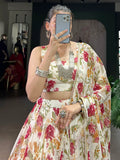 Beautiful White Floral Print Chiffon Festive Wear Lehenga With Blouse