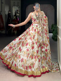 Beautiful White Floral Print Chiffon Festive Wear Lehenga With Blouse
