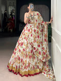 Beautiful White Floral Print Chiffon Festive Wear Lehenga With Blouse