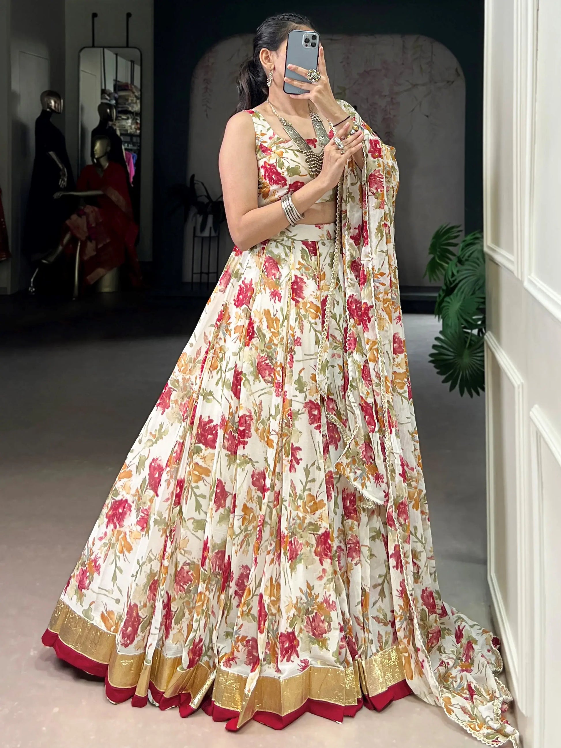 Beautiful White Floral Print Chiffon Festive Wear Lehenga With Blouse