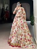 Beautiful White Floral Print Chiffon Festive Wear Lehenga With Blouse