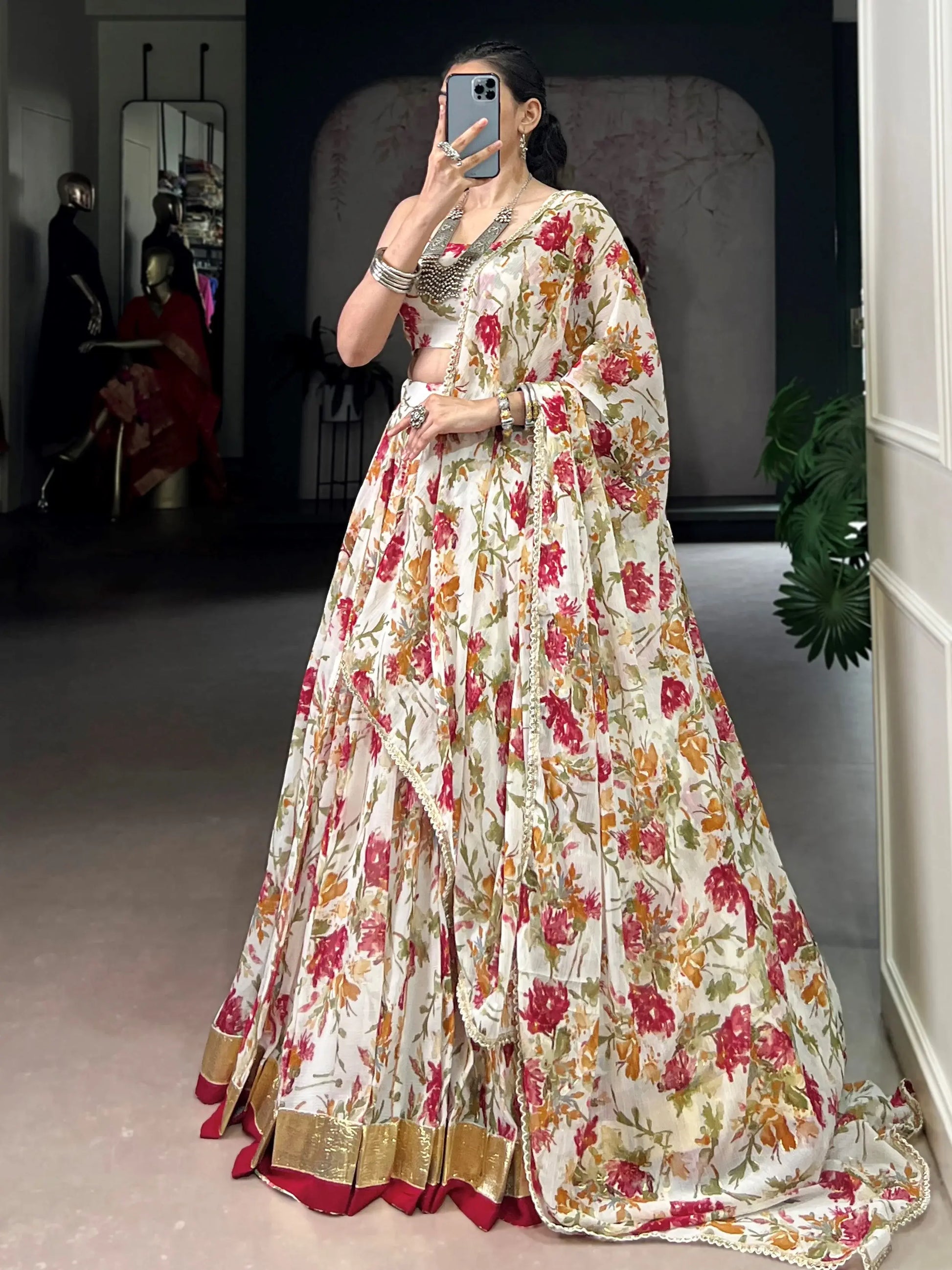 Beautiful White Floral Print Chiffon Festive Wear Lehenga With Blouse