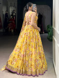 Glamorous Yellow Floral Printed Chiffon Haldi Wear Lehenga Choli With Dupatta