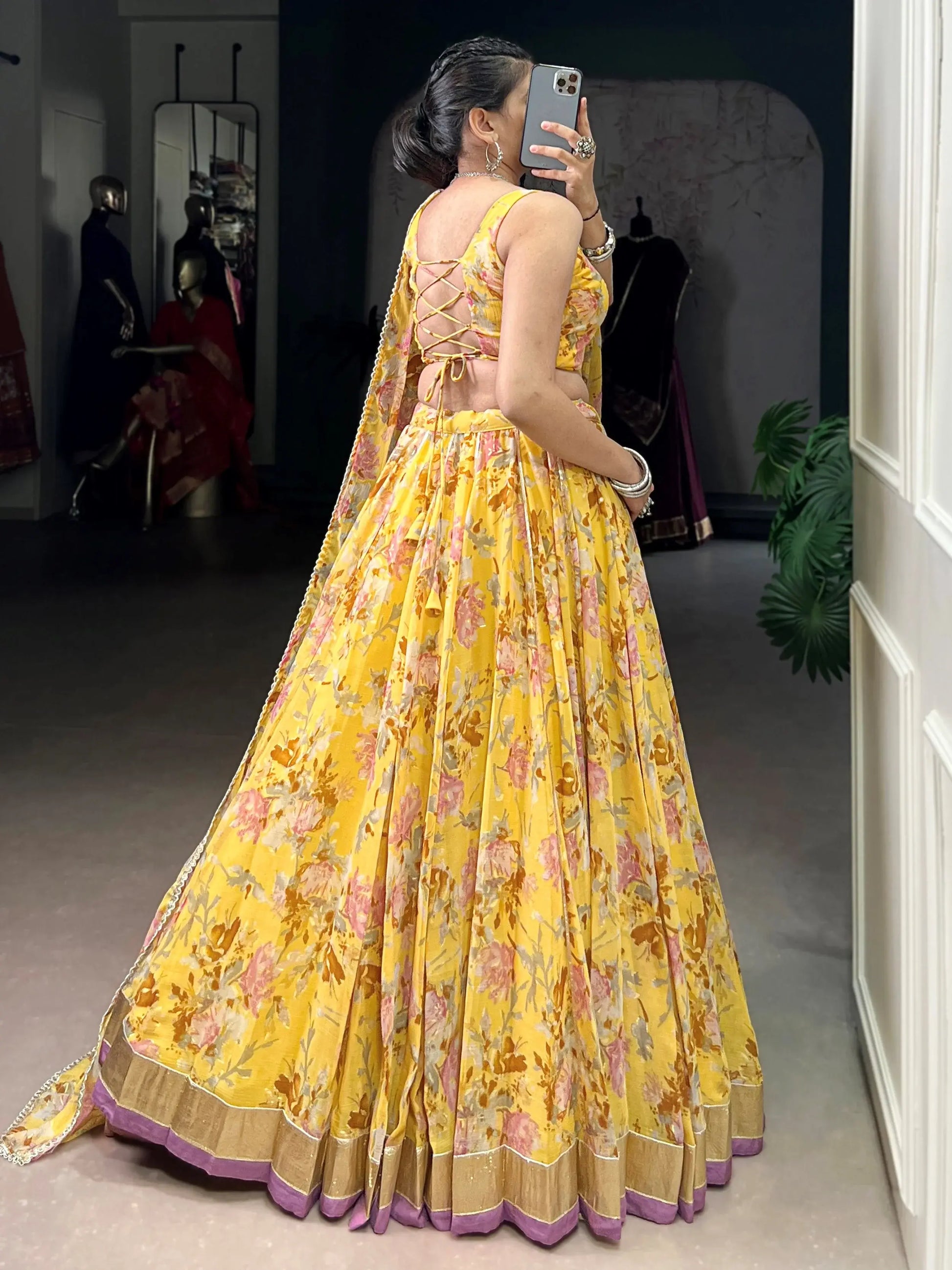 Glamorous Yellow Floral Printed Chiffon Haldi Wear Lehenga Choli With Dupatta