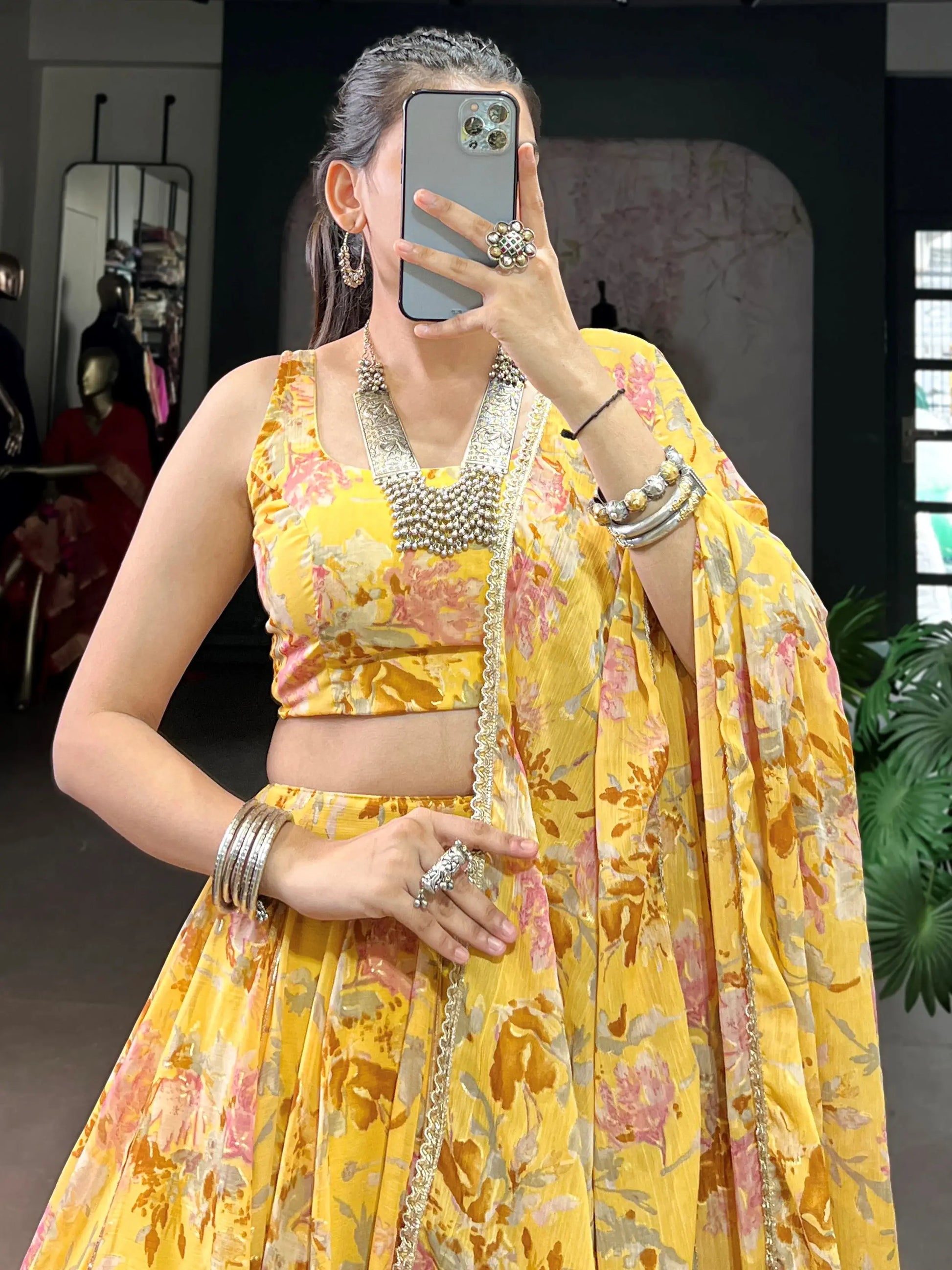 Glamorous Yellow Floral Printed Chiffon Haldi Wear Lehenga Choli With Dupatta