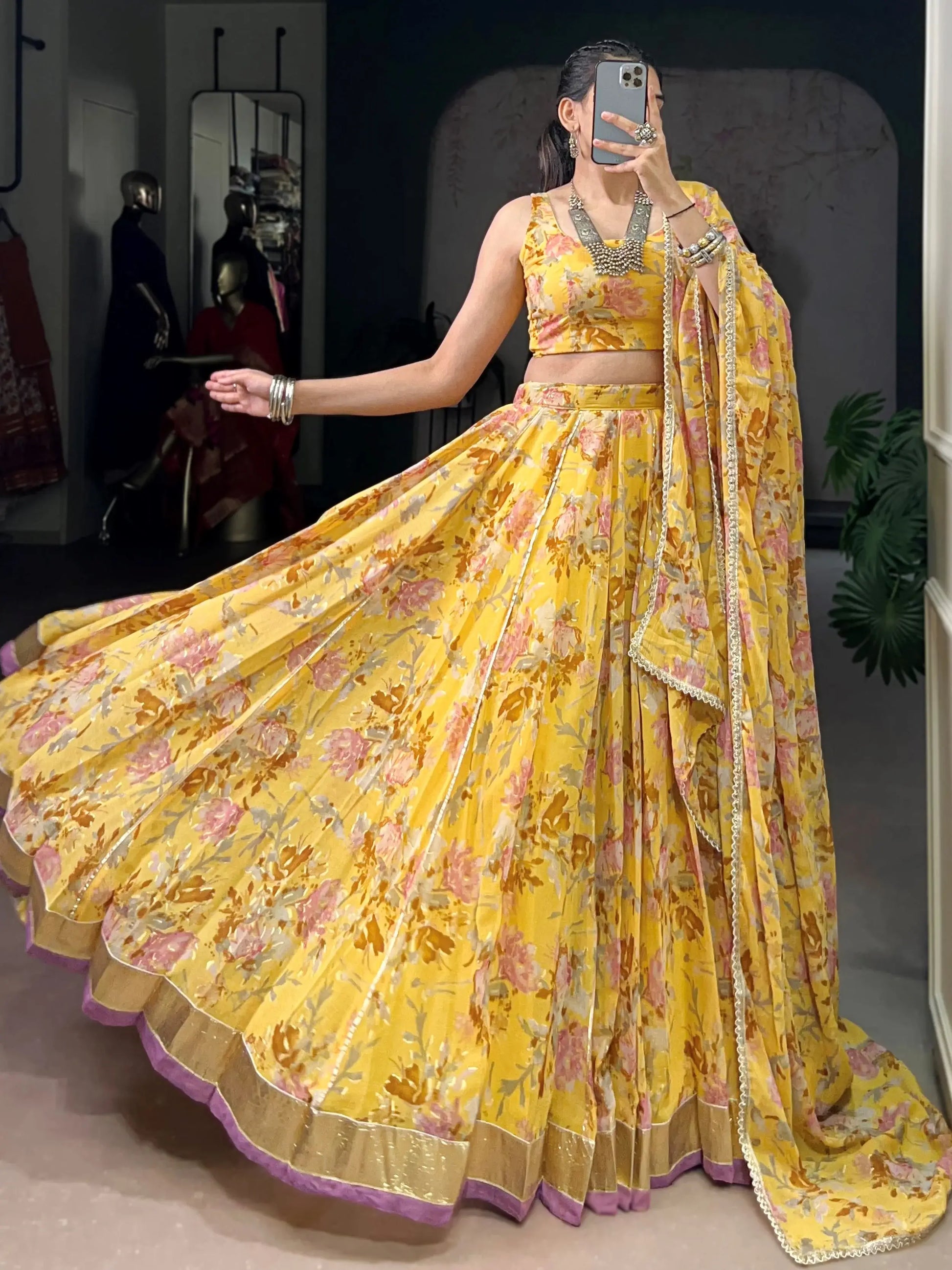 Glamorous Yellow Floral Printed Chiffon Haldi Wear Lehenga Choli With Dupatta