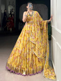Glamorous Yellow Floral Printed Chiffon Haldi Wear Lehenga Choli With Dupatta