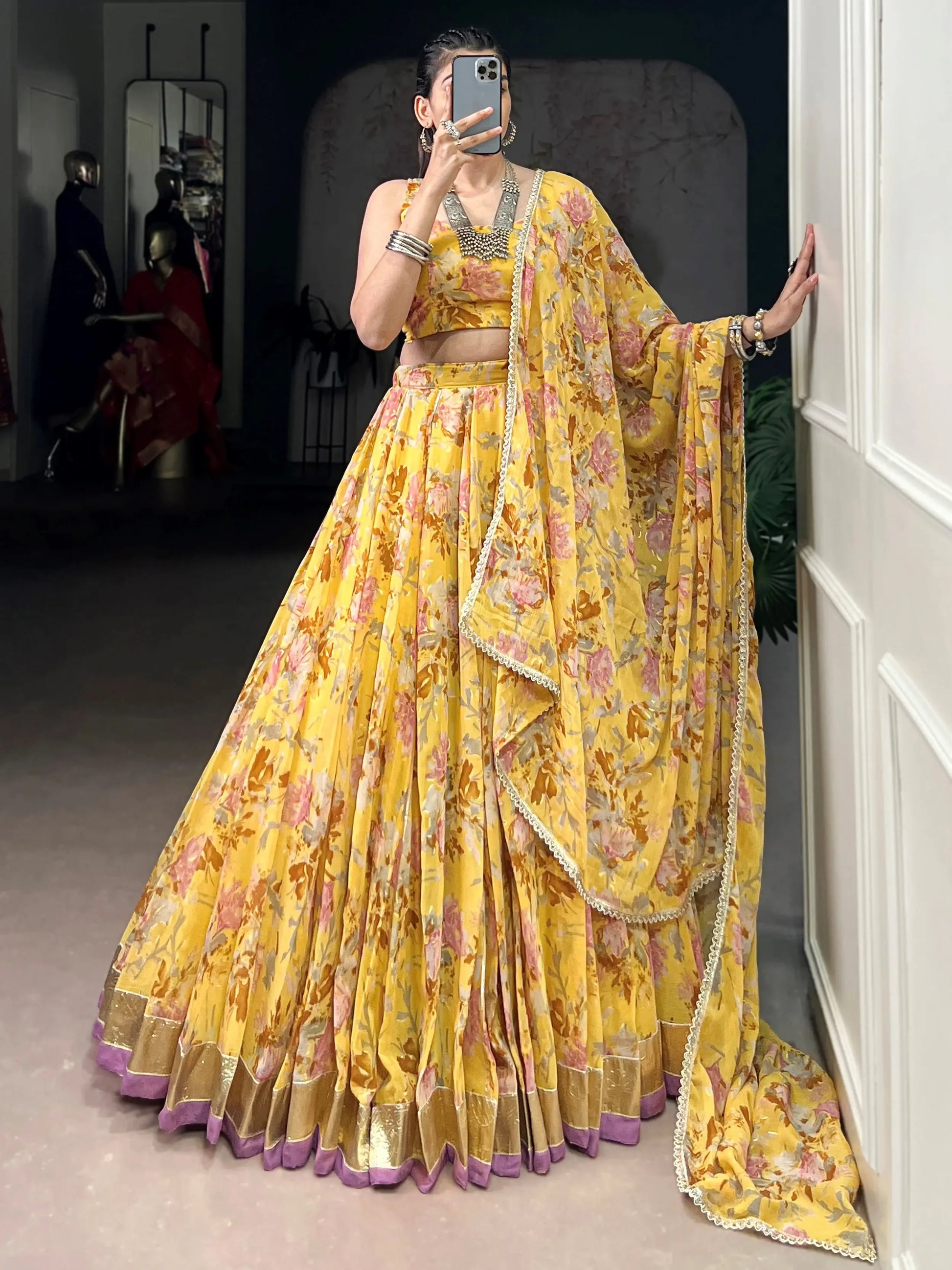 Glamorous Yellow Floral Printed Chiffon Haldi Wear Lehenga Choli With Dupatta