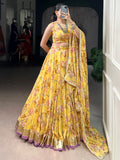 Glamorous Yellow Floral Printed Chiffon Haldi Wear Lehenga Choli With Dupatta