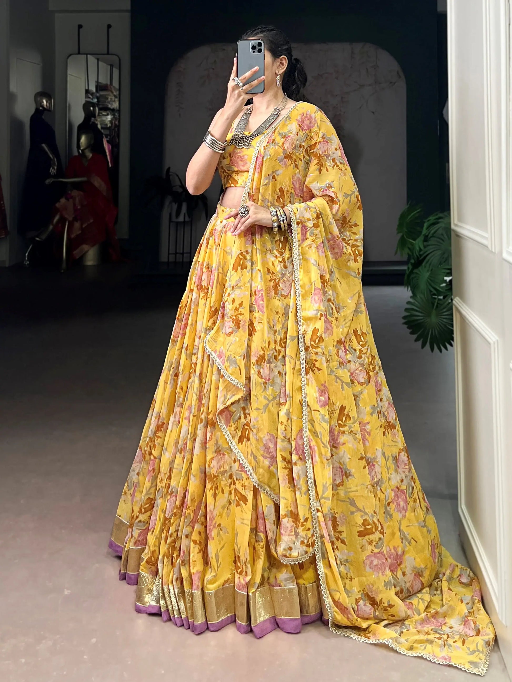 Glamorous Yellow Floral Printed Chiffon Haldi Wear Lehenga Choli With Dupatta