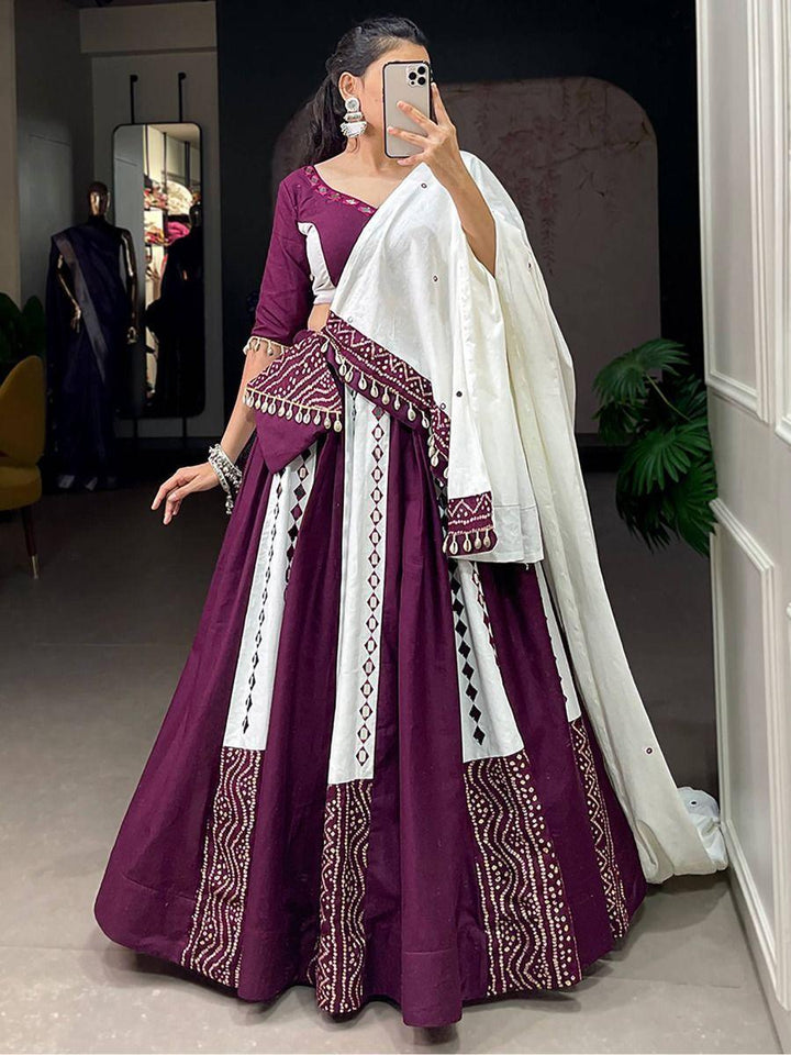 Stunning Wine & White Mirror Work Cotton Navratri Lehenga Choli