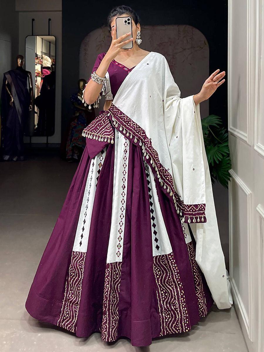 Stunning Wine & White Mirror Work Cotton Navratri Lehenga Choli