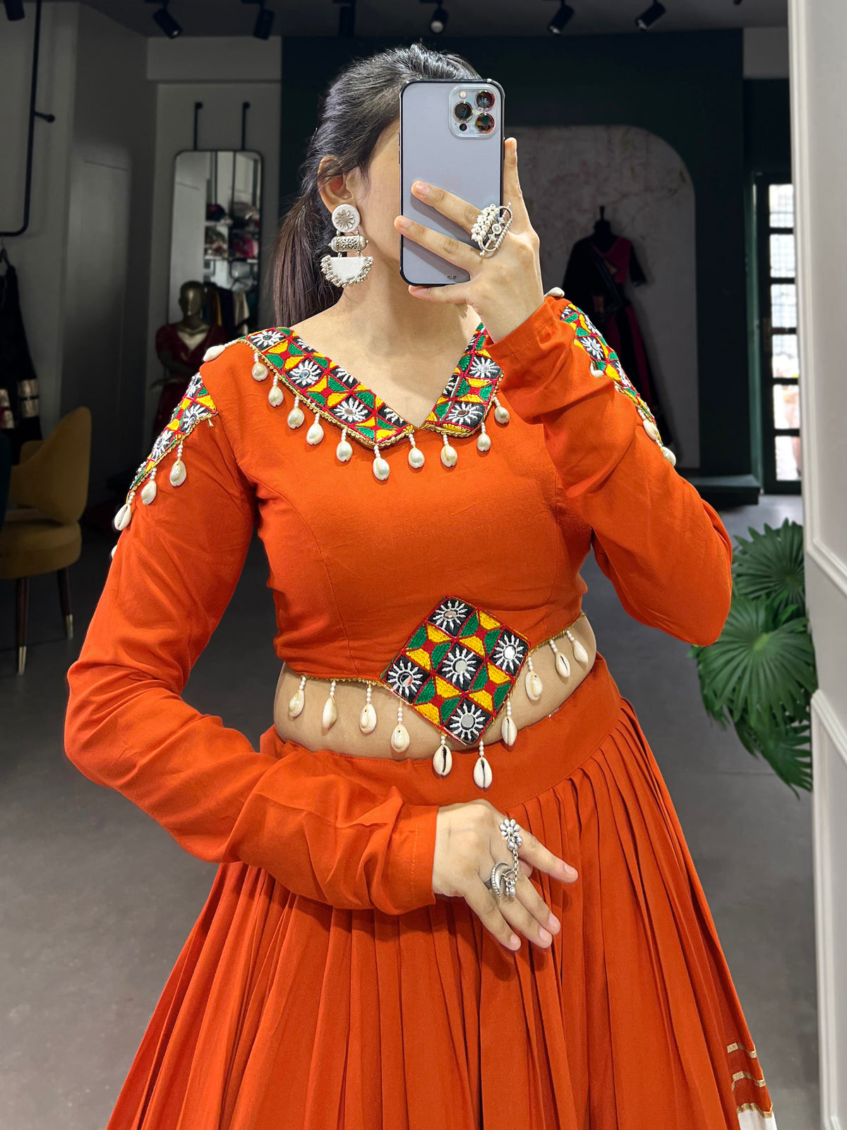 Festive Orange Patch Work Rayon Navratri Wear Lehenga Choli