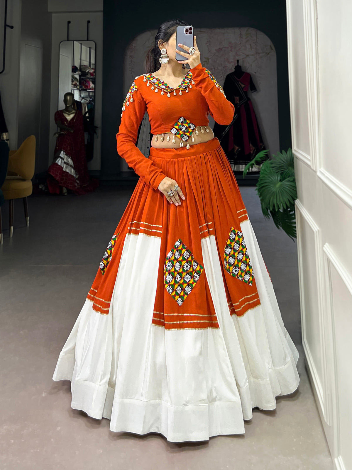Festive Orange Patch Work Rayon Navratri Wear Lehenga Choli