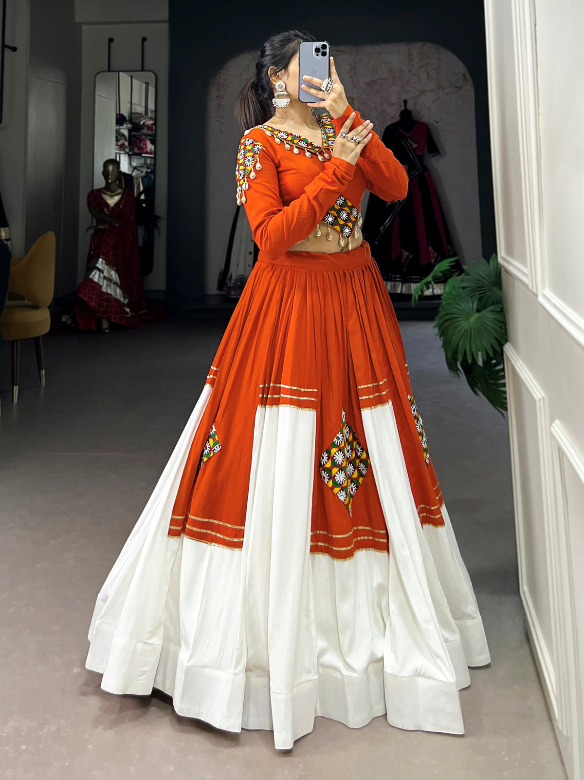 Festive Orange Patch Work Rayon Navratri Wear Lehenga Choli