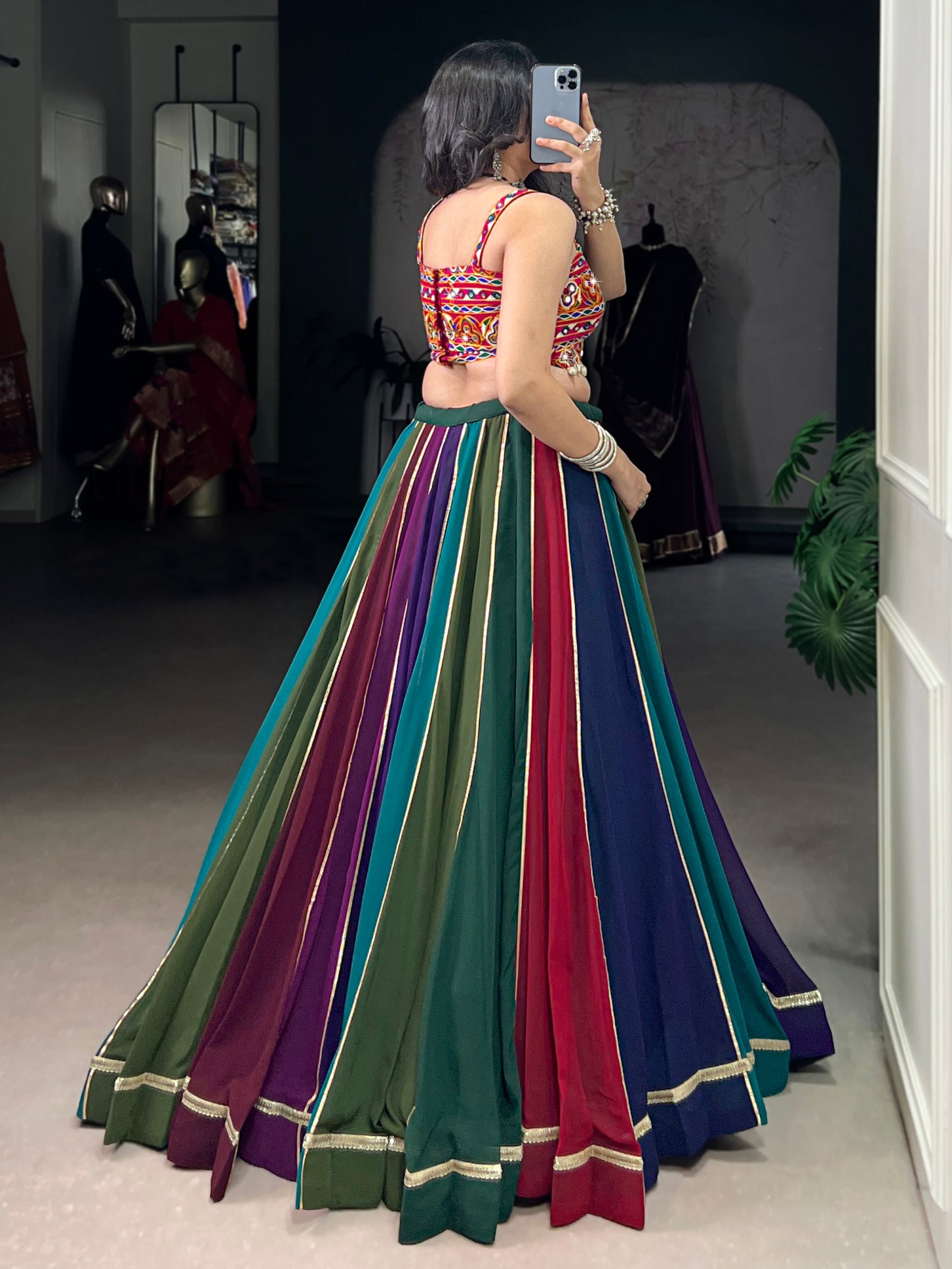 Engaging Multi-Color Lace Work Rayon Navratri Wear Lehenga Choli