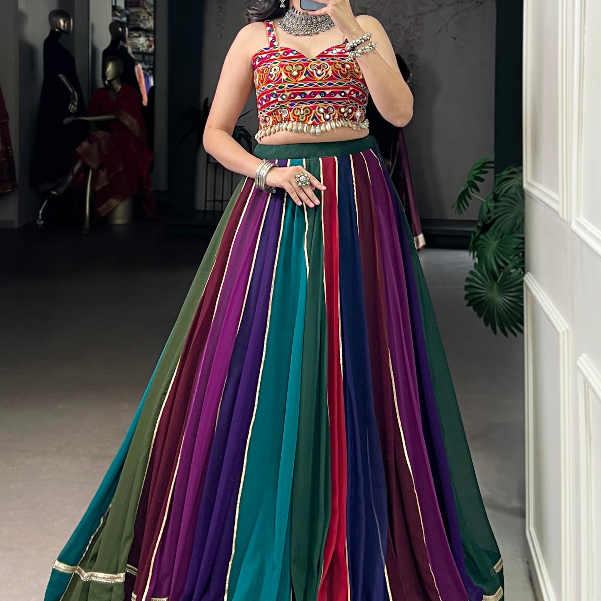 Engaging Multi-Color Lace Work Rayon Navratri Wear Lehenga Choli