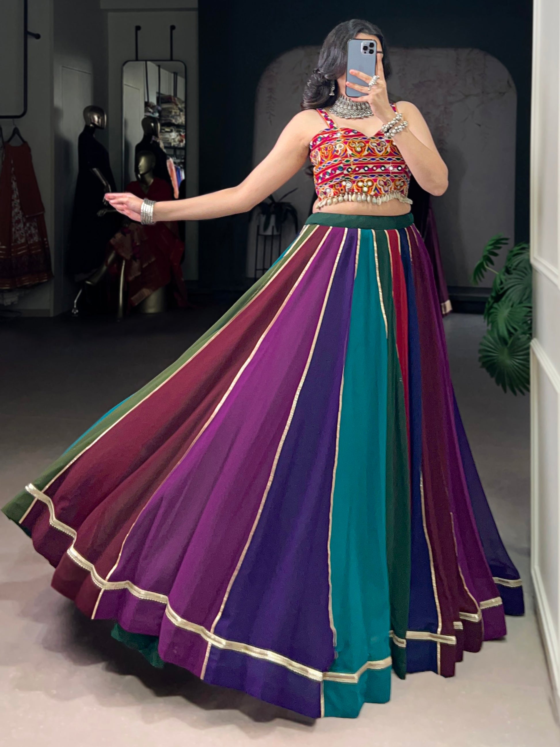 Engaging Multi-Color Lace Work Rayon Navratri Wear Lehenga Choli