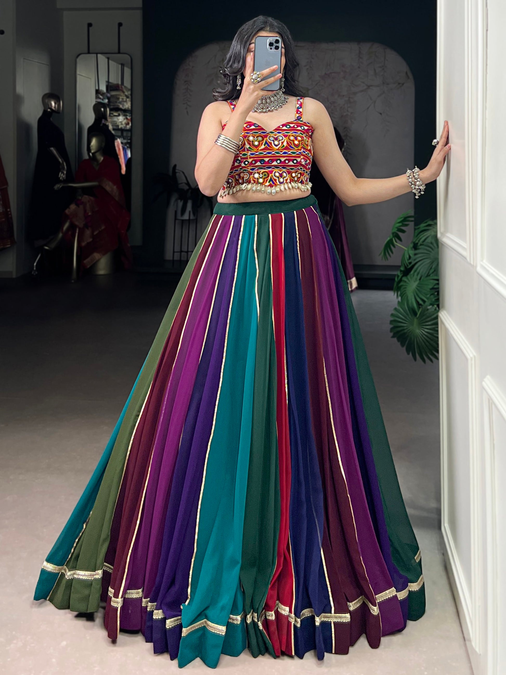 Engaging Multi-Color Lace Work Rayon Navratri Wear Lehenga Choli