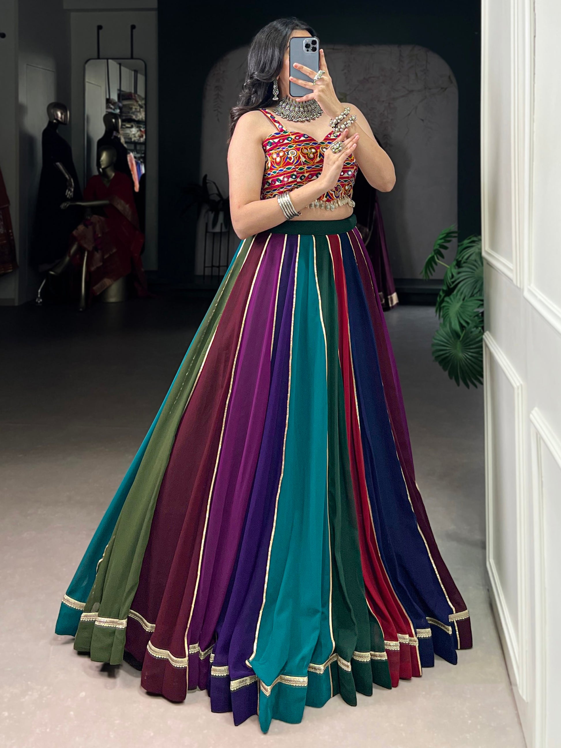 Engaging Multi-Color Lace Work Rayon Navratri Wear Lehenga Choli