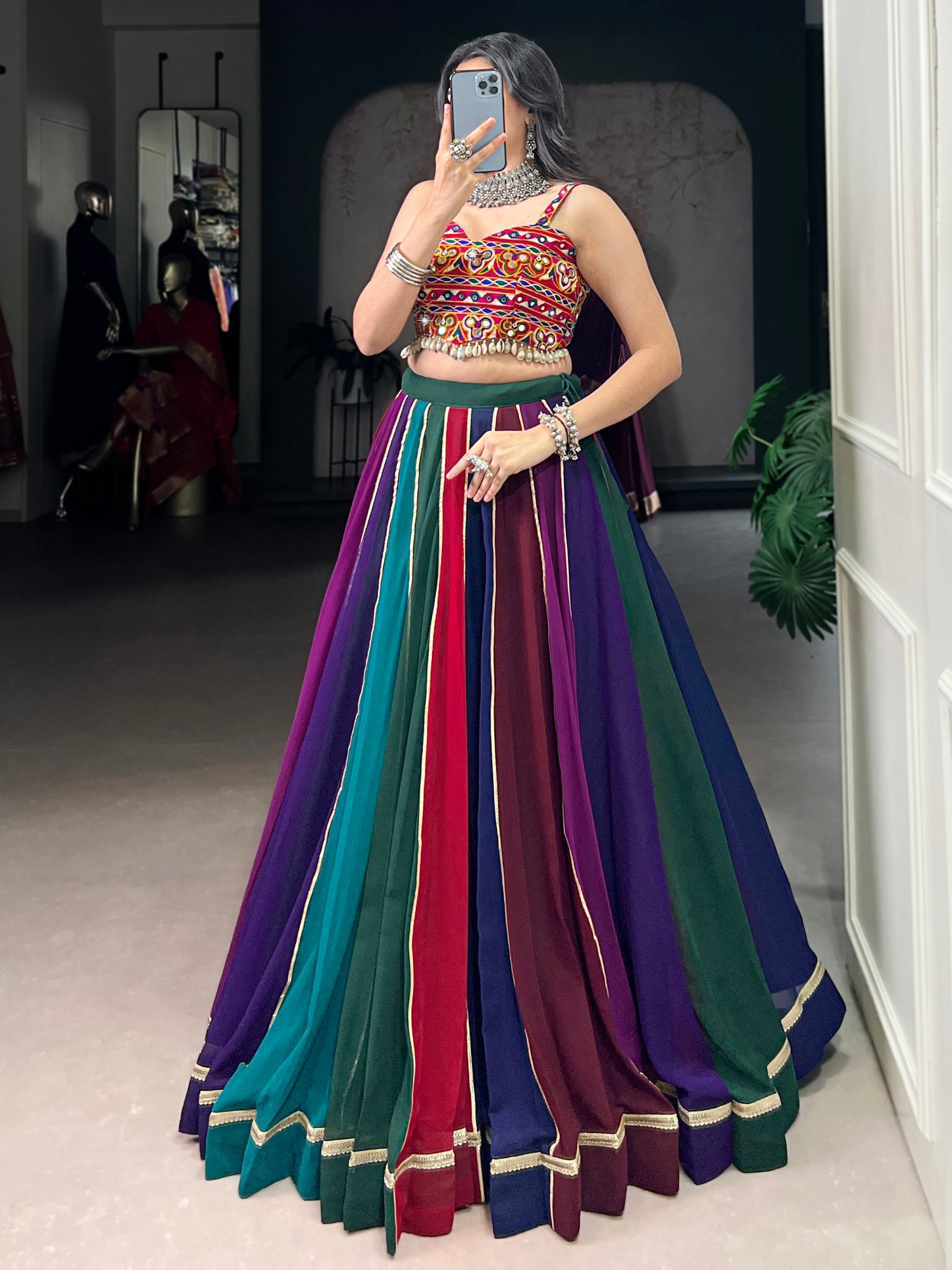 Engaging Multi-Color Lace Work Rayon Navratri Wear Lehenga Choli