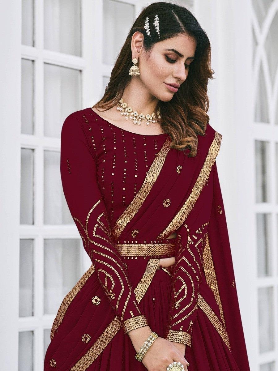 Maroon Sequins Georgette Wedding Wear Lehenga Choli