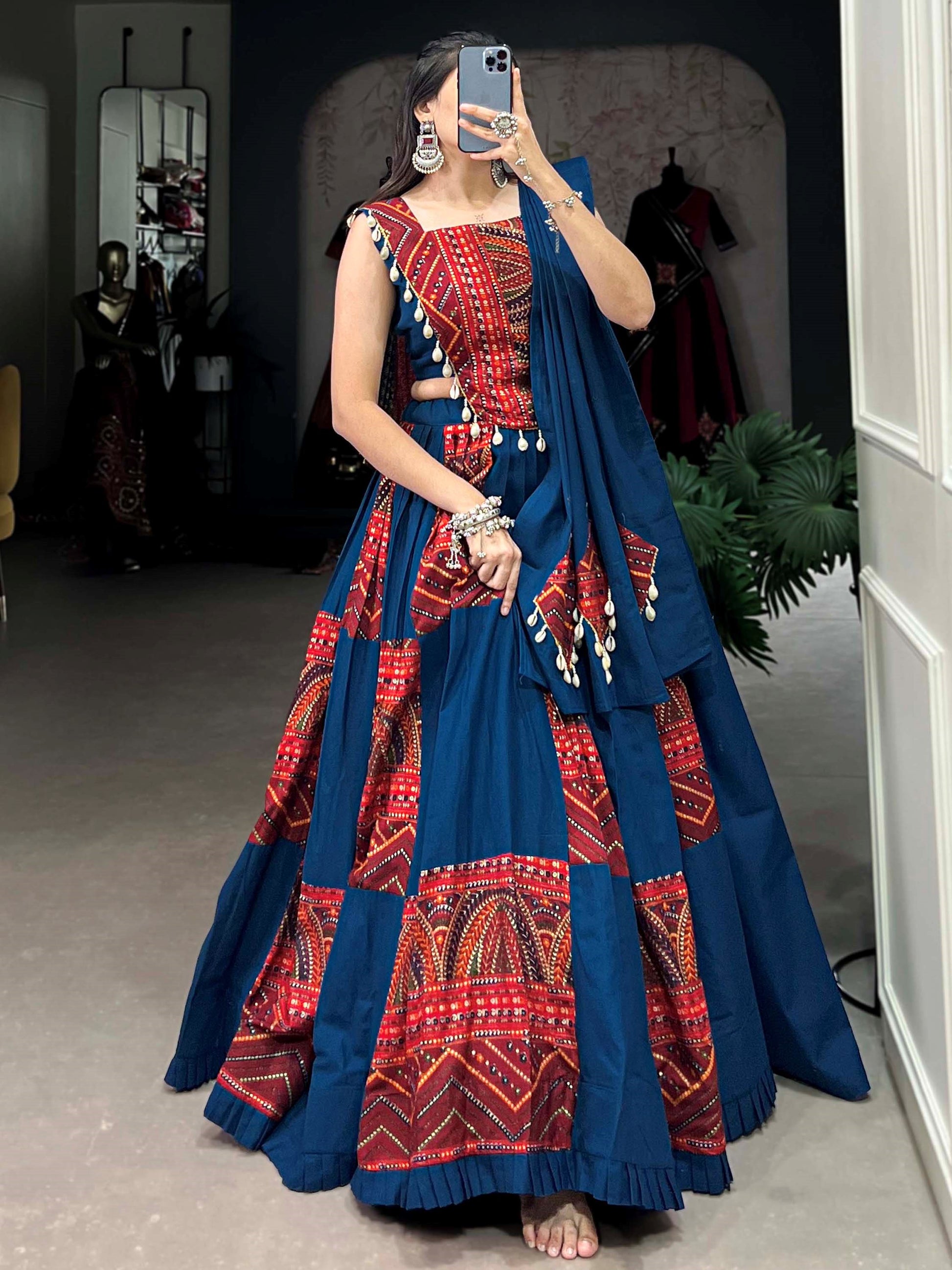 Attractive Blue Foil Work Cotton Navratri Wear Lehenga Choli With Dupatta