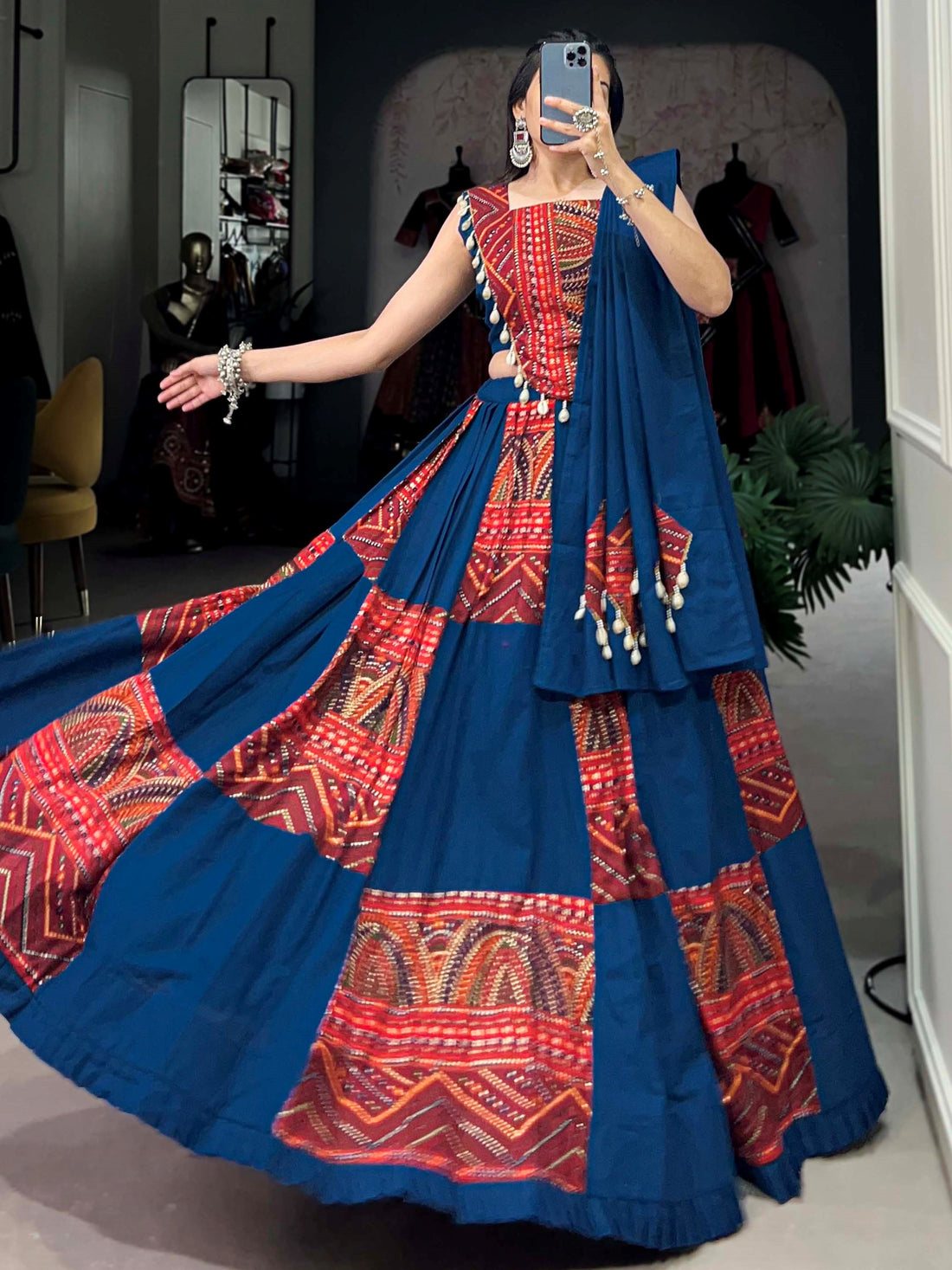 Attractive Blue Foil Work Cotton Navratri Wear Lehenga Choli With Dupatta