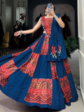 Attractive Blue Foil Work Cotton Navratri Wear Lehenga Choli With Dupatta