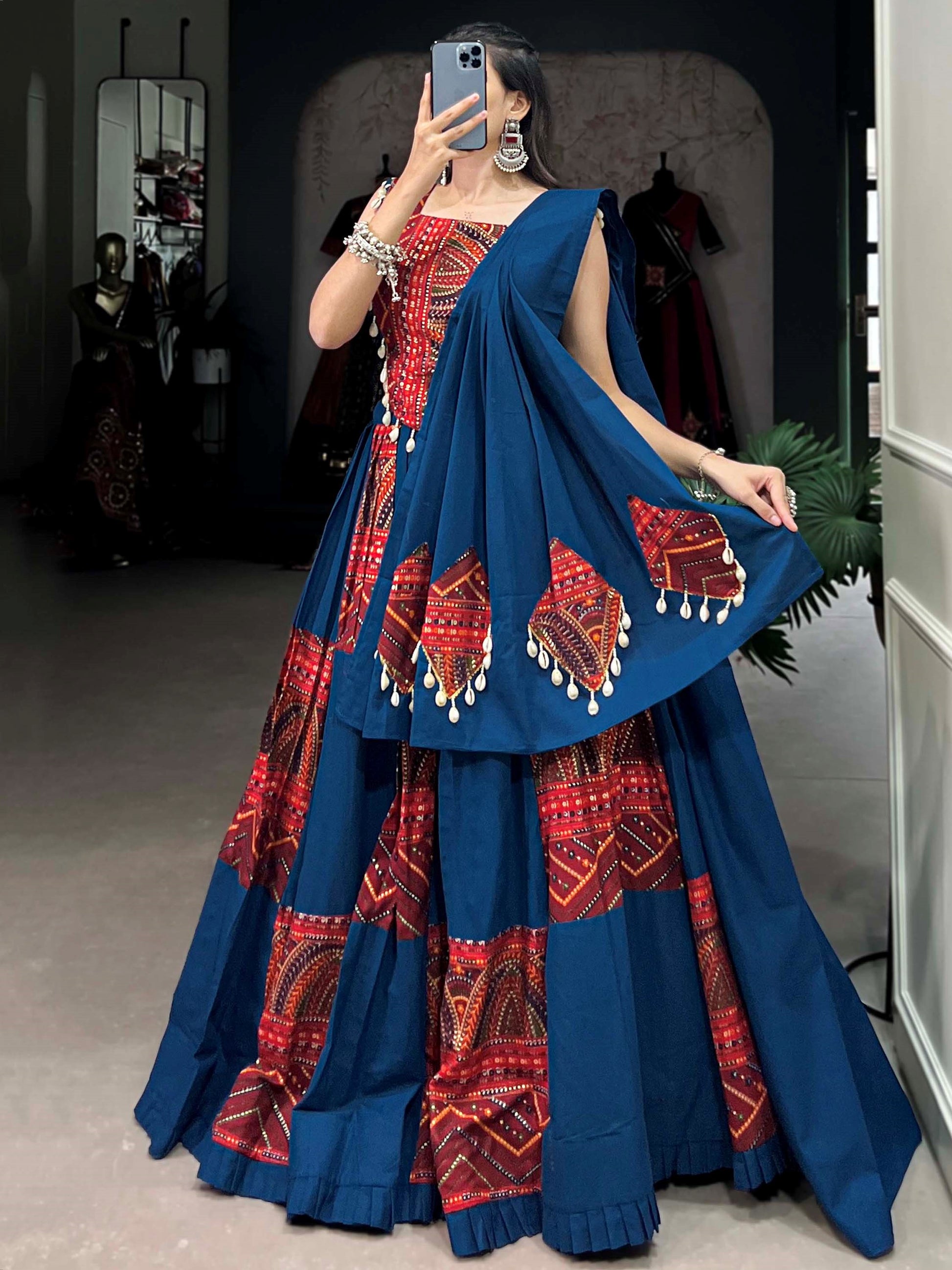 Attractive Blue Foil Work Cotton Navratri Wear Lehenga Choli With Dupatta