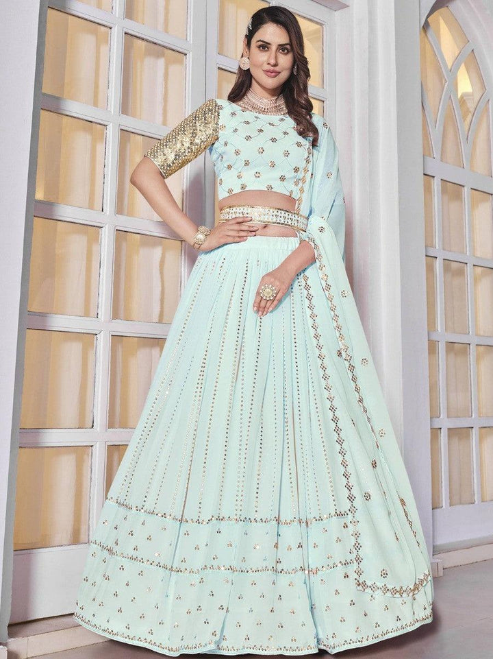 Sky Blue Sequins Georgette Wedding Wear Lehenga Choli