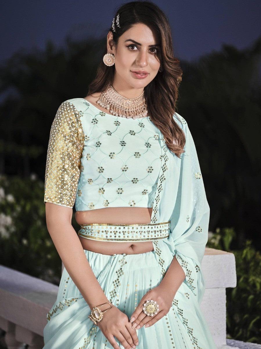 Sky Blue Sequins Georgette Wedding Wear Lehenga Choli