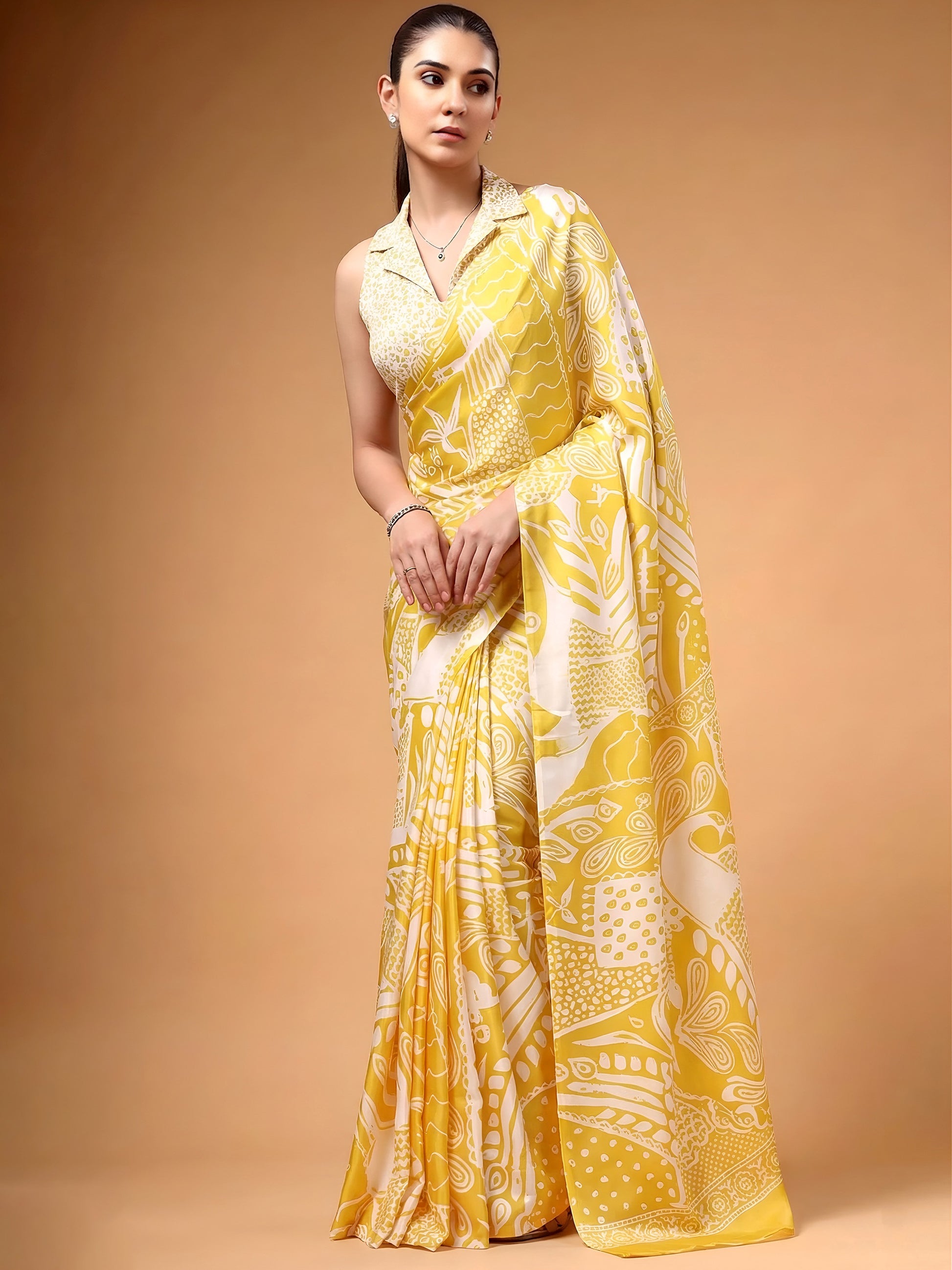 Stunning Yellow Digital Printed Satin Casual Saree With Blouse