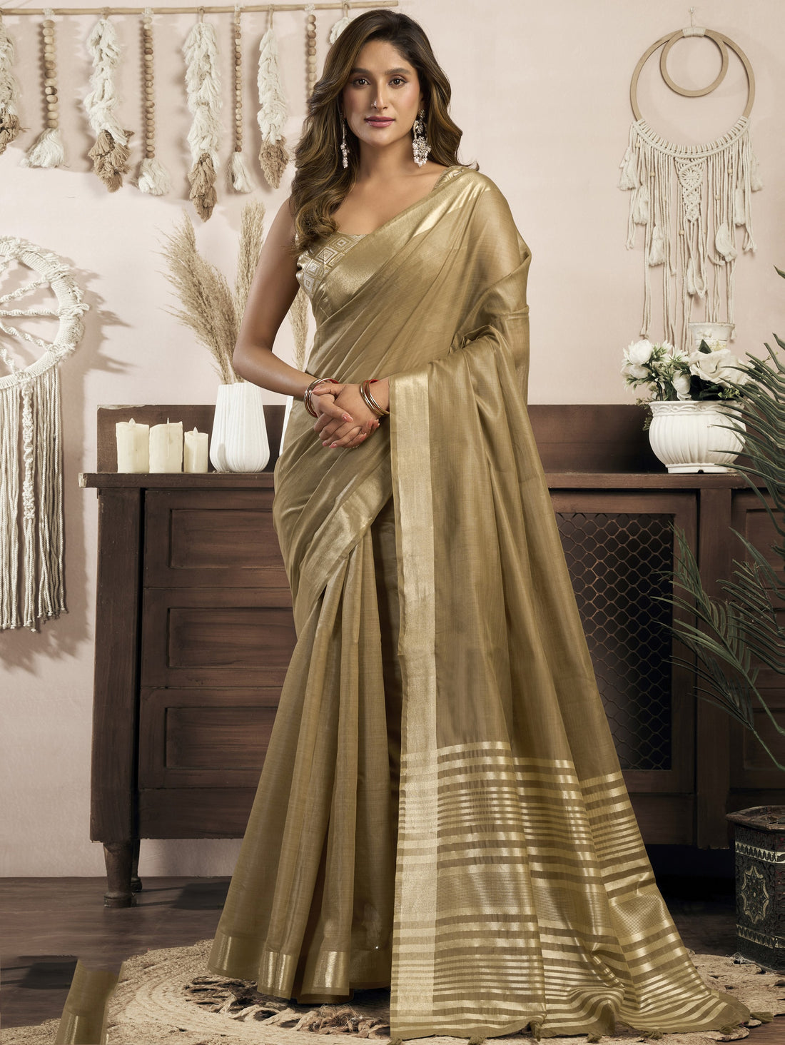 Awesome Golden Zari Weaving Khadi Office Wear Saree With Blouse
