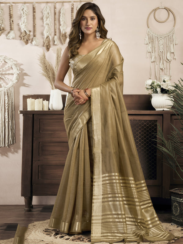 Awesome Golden Zari Weaving Khadi Office Wear Saree With Blouse