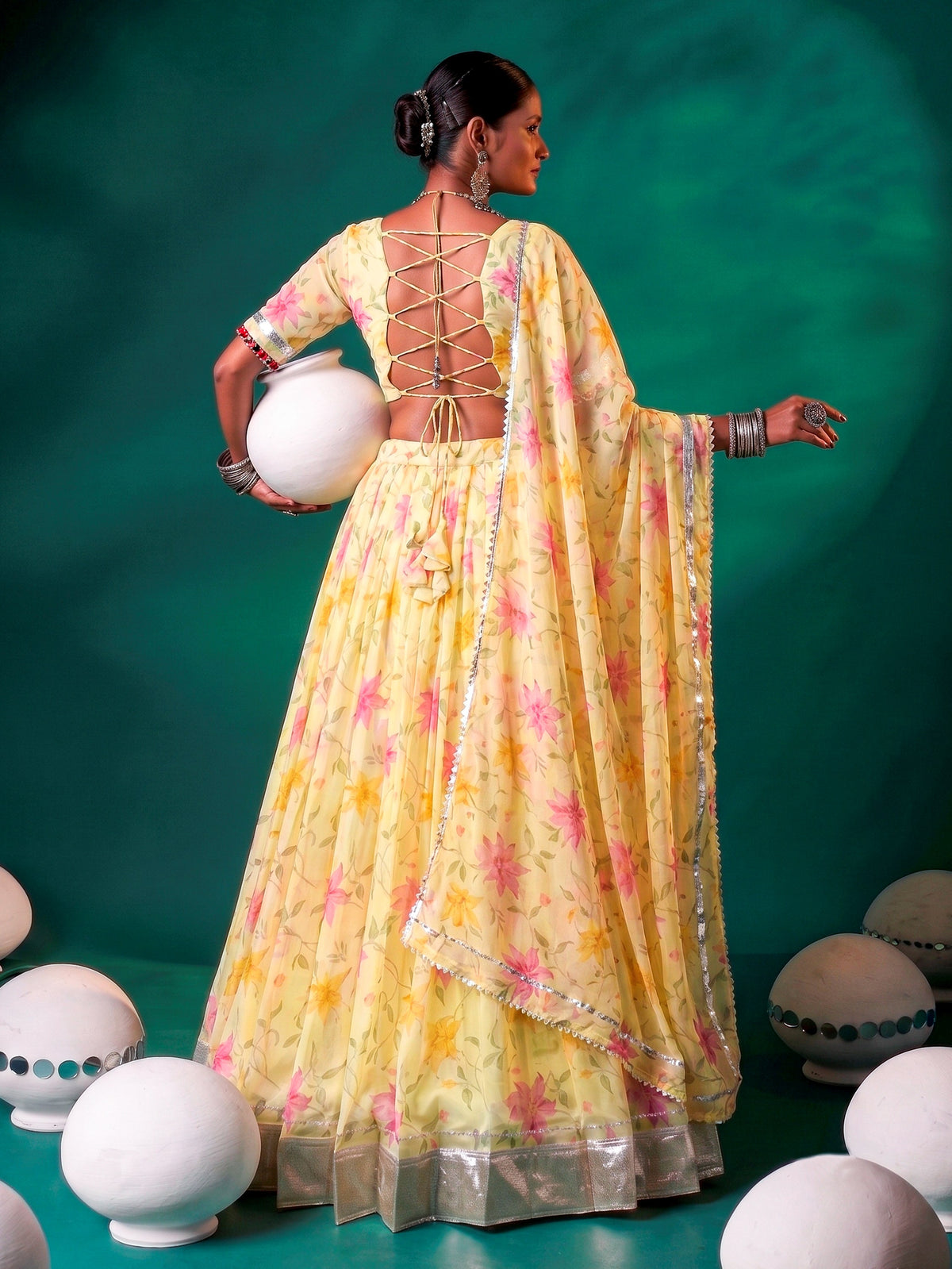 Sunny Yellow Floral Printed Silk Haldi Wear Lehenga Choli