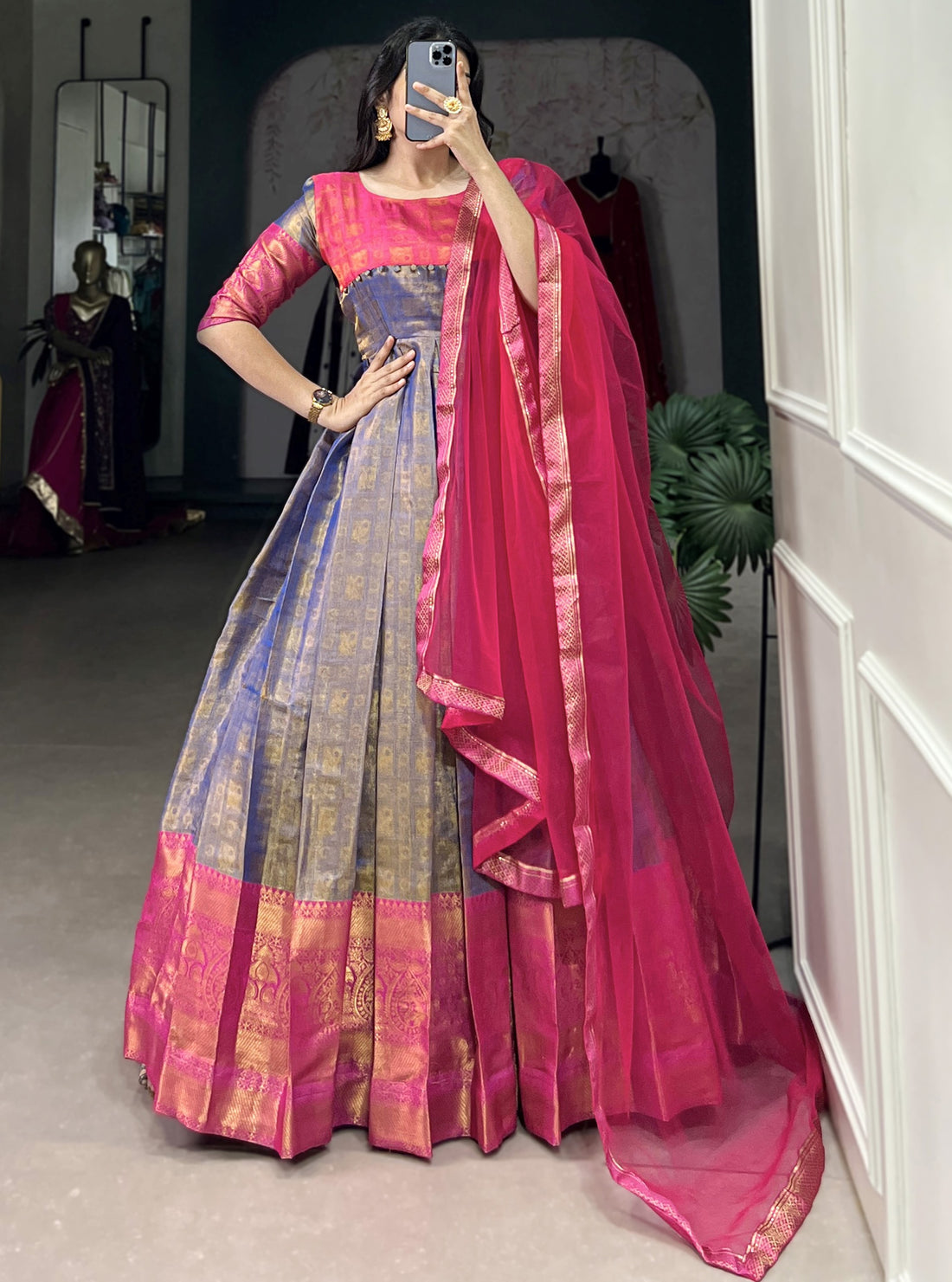 Awesome Pink Zari Weaving Kanjivaram  Festive Wear Gown With Dupatta
