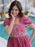 Outstanding Dusty Pink Floral Embroidery Chanderi Party Wear Dress