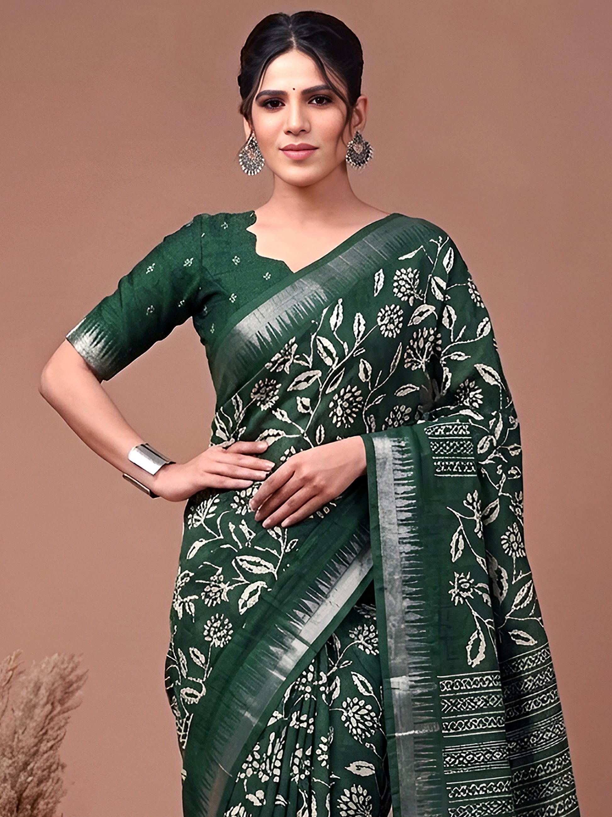 Adorable Green Floral Printed Silk Festival Wear Saree With Blouse