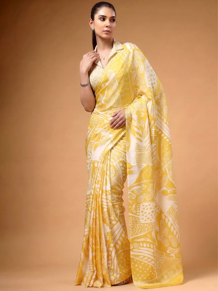 Stunning Yellow Digital Printed Satin Casual Saree With Blouse