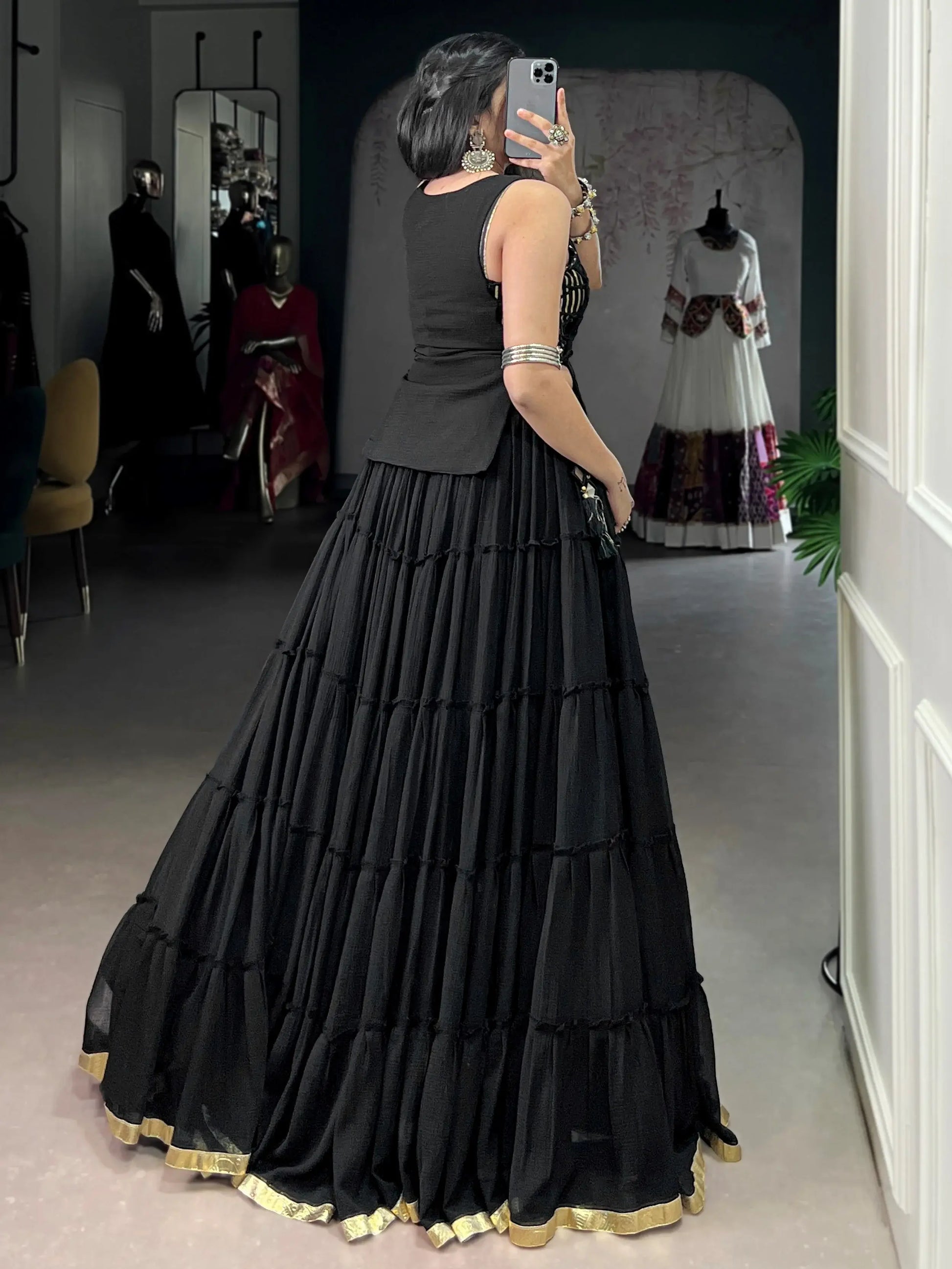 Amazeballs Black Mirror Work Chiffon Festive Wear Crop Top Lehenga With Koti