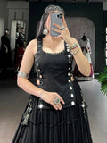 Amazeballs Black Mirror Work Chiffon Festive Wear Crop Top Lehenga With Koti