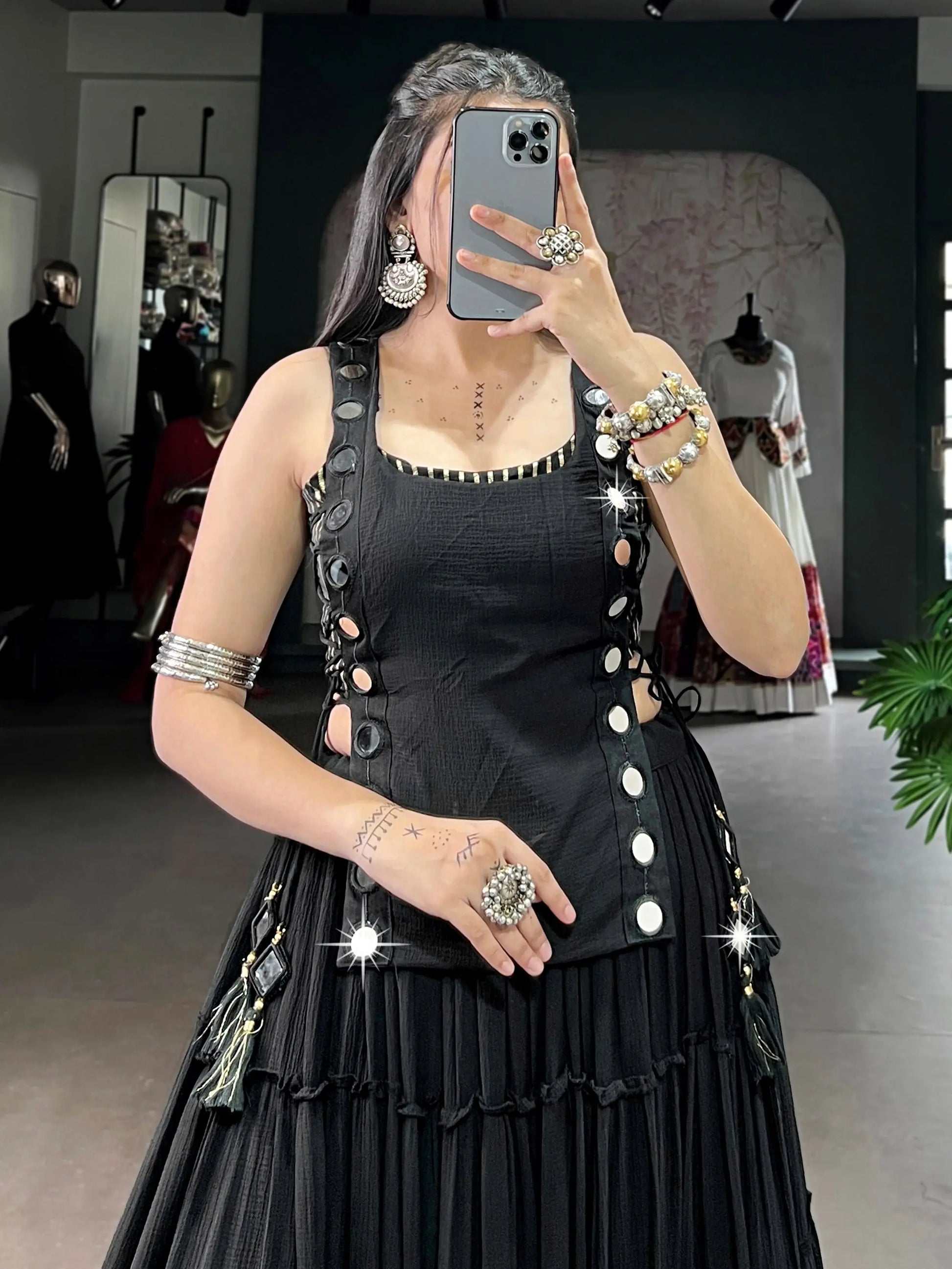 Amazeballs Black Mirror Work Chiffon Festive Wear Crop Top Lehenga With Koti