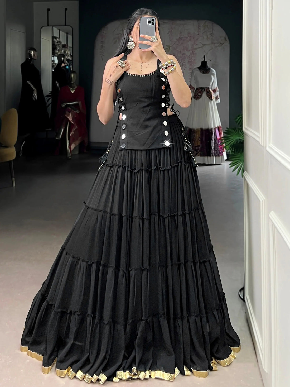 Amazeballs Black Mirror Work Chiffon Festive Wear Crop Top Lehenga With Koti
